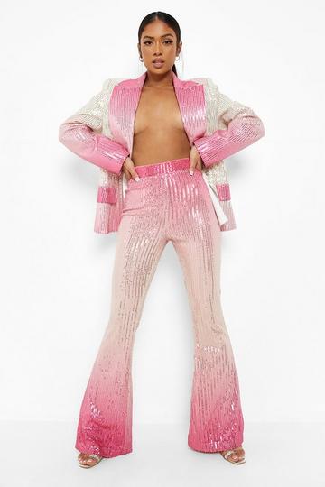 Pink Petite Ombre Sequin Flare Pants