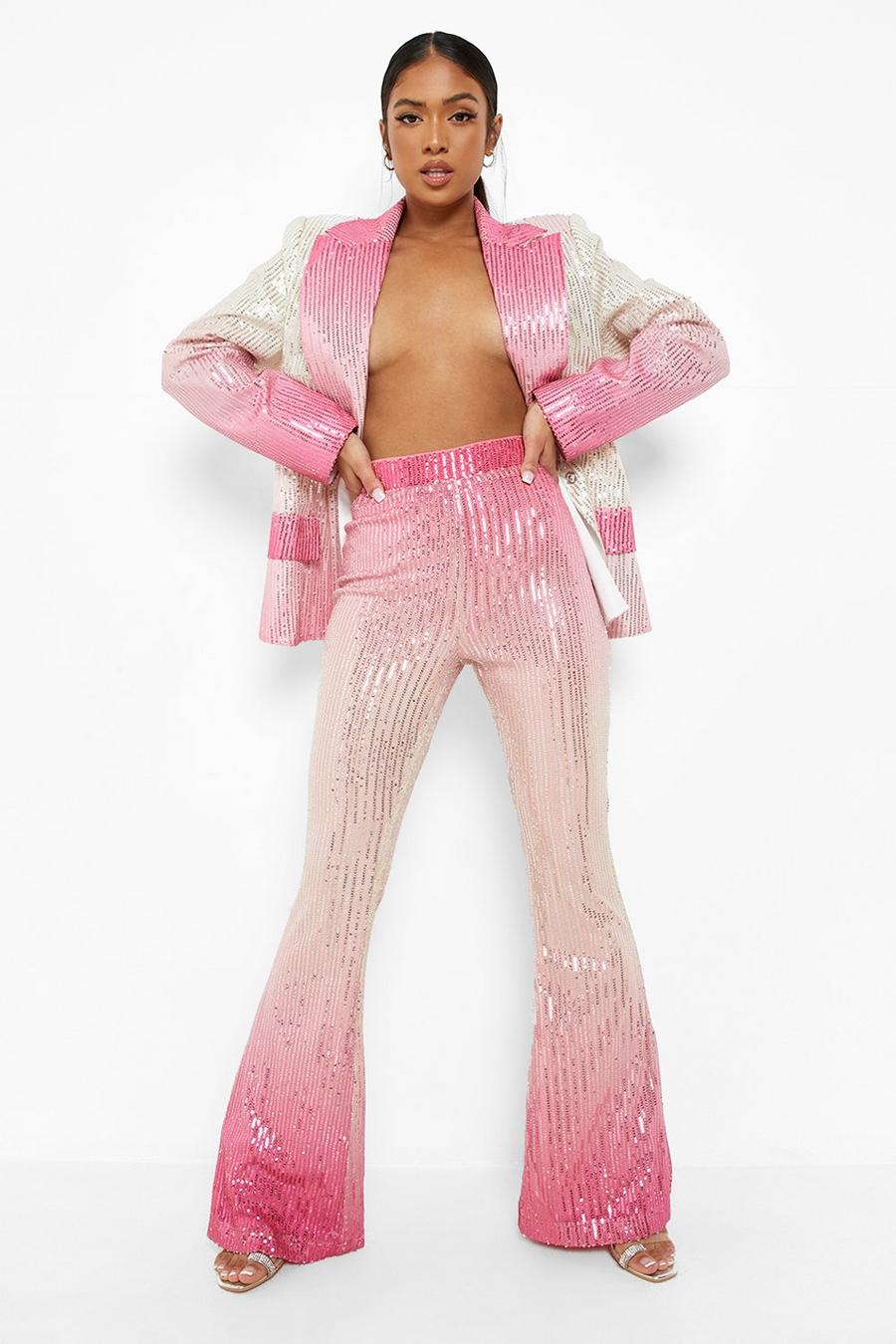 Pink Petite Ombre Sequin Flare Pants image number 1