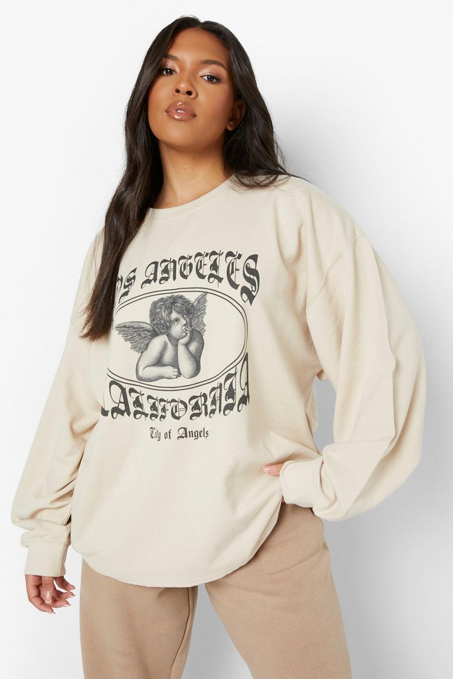Plus Sweatshirt mit LA-Print, Stone beige