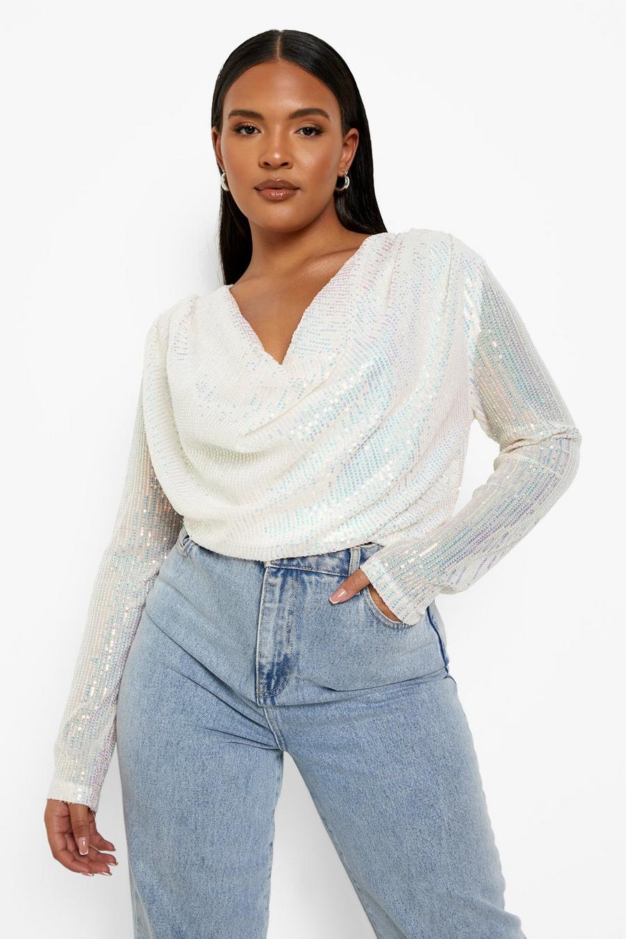 White Plus Sequin Cowl Neck Top image number 1