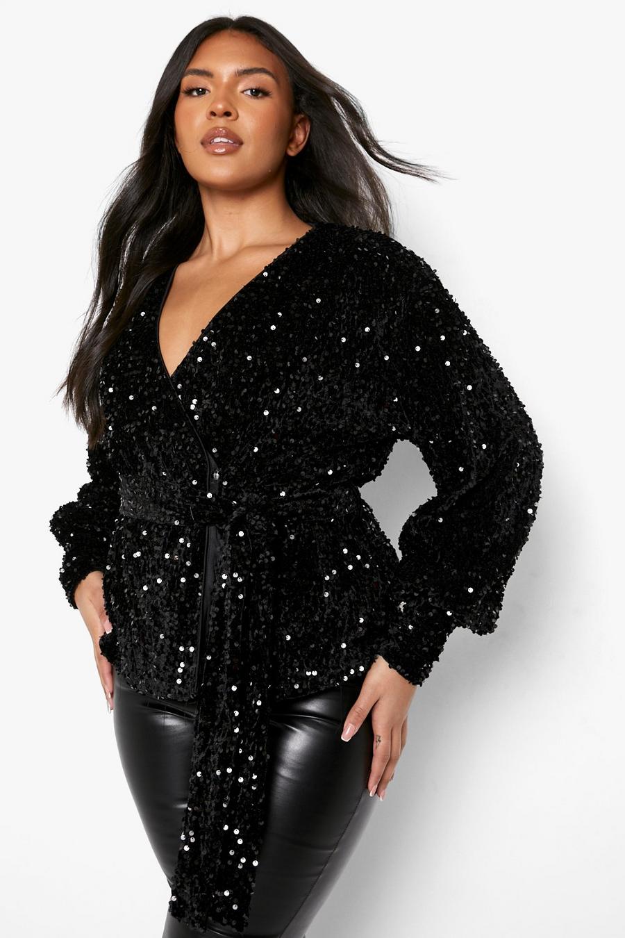 Top scaldacuore Plus Size in velluto con paillettes, Black image number 1