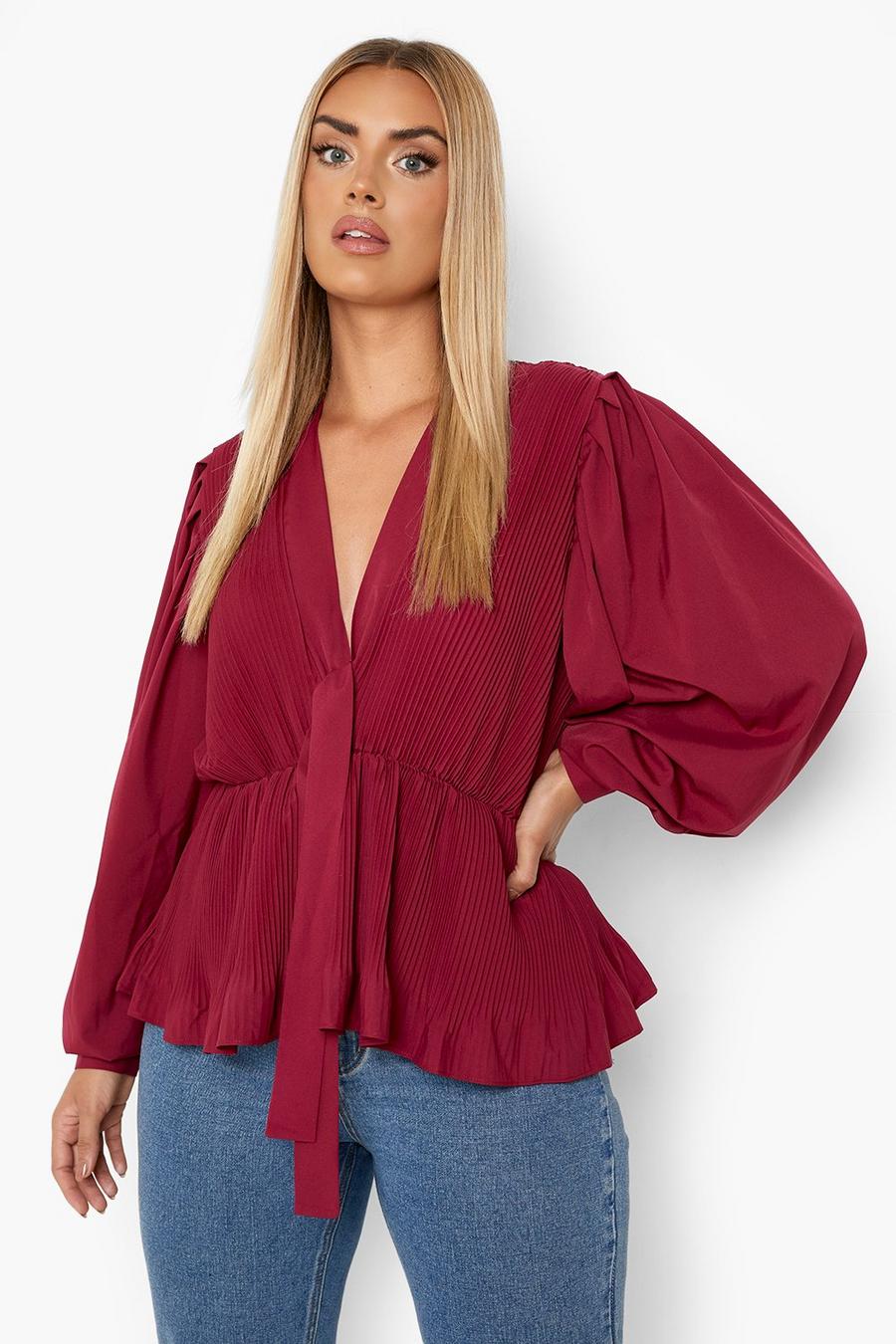 Wine red Plus Woven Puff Sleeve Peplum Top image number 1