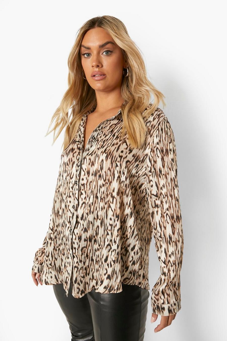 Brown Plus Shimmer Leopard Oversized Shirt image number 1