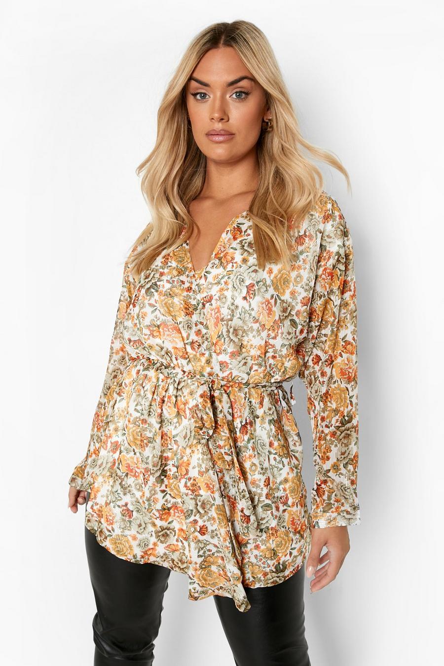 Cream Plus Shimmer Floral Woven Wrap Top image number 1