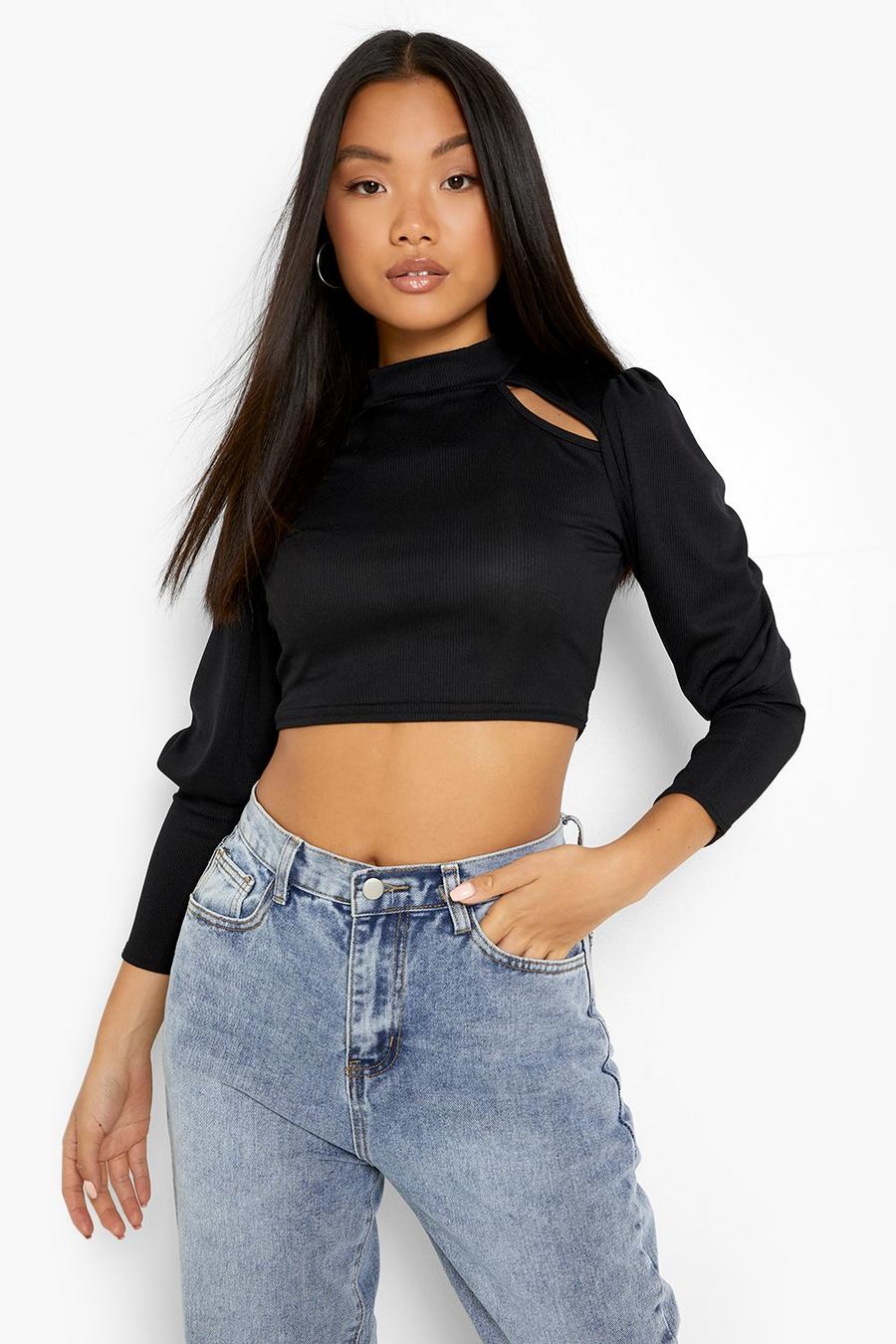 Black Petite High Neck Cut Out Long Sleeve Crop Top image number 1