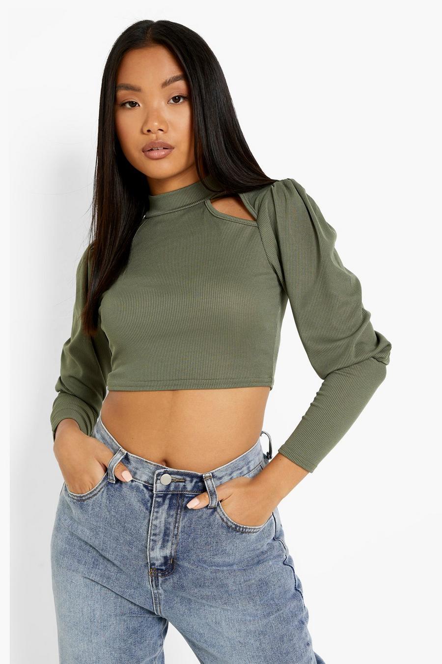 Khaki Petite High Neck Cut Out Long Sleeve Crop Top image number 1