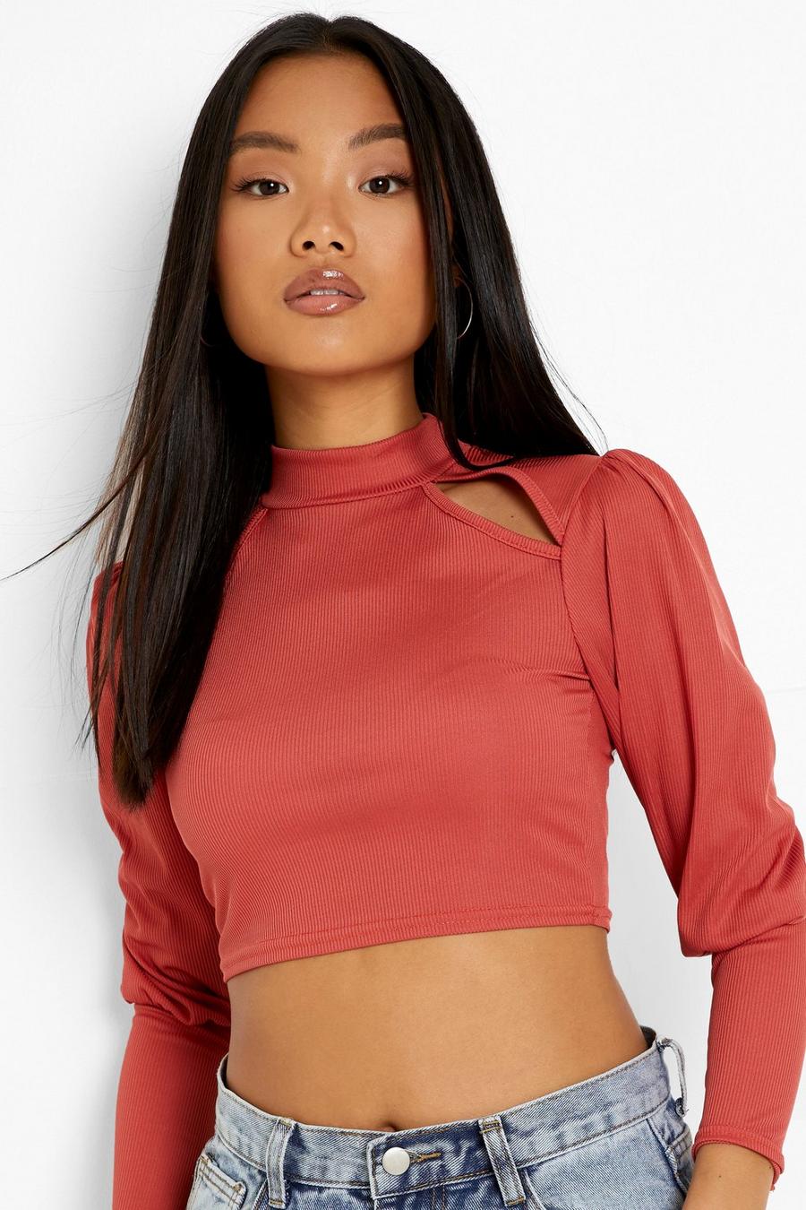 Rust Petite High Neck Cut Out Long Sleeve Crop Top image number 1