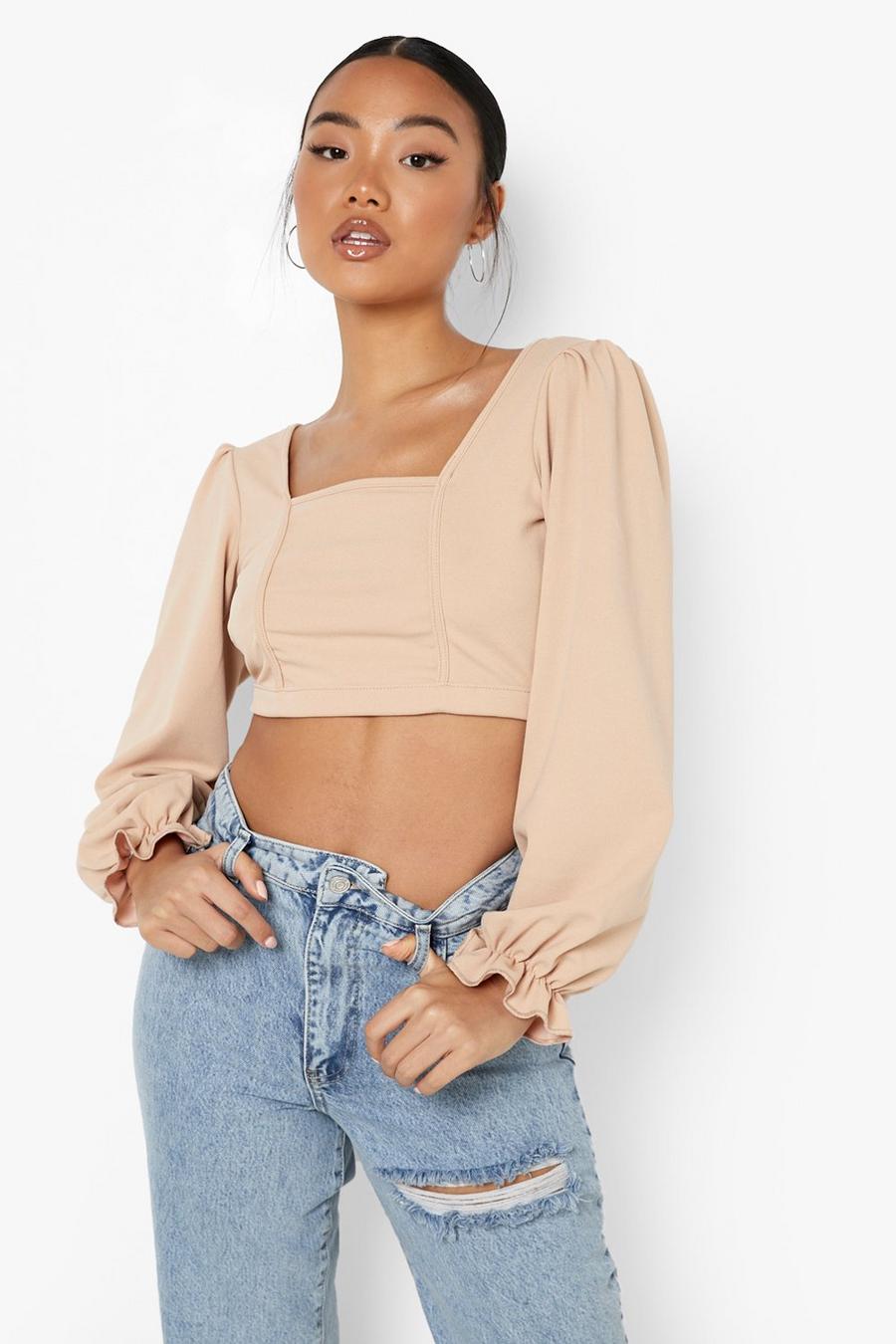 Stone Petite Square Neck Scuba Puff Sleeve Crop Top image number 1