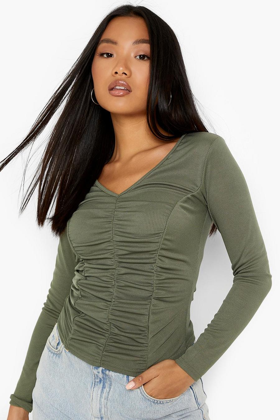 Khaki Petite Ruched Front V Neck Long Sleeve Top image number 1