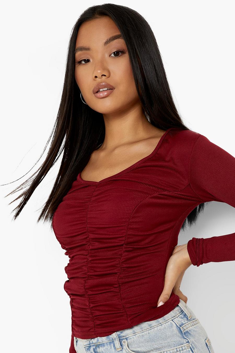 Wine Petite Ruched Front V Neck Long Sleeve Top image number 1