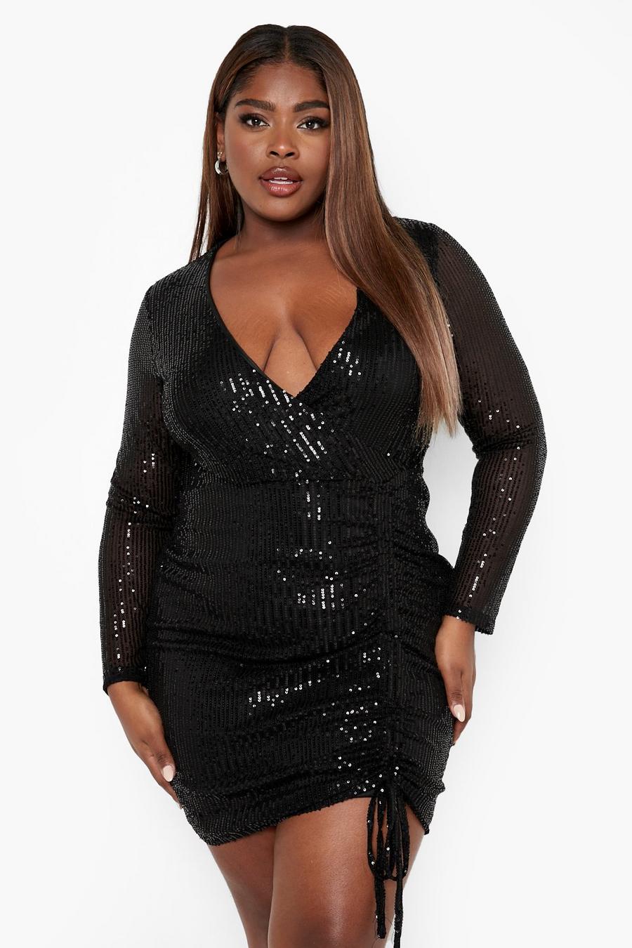 Black Plus Sequin Ruched Wrap Bodycon Dress image number 1