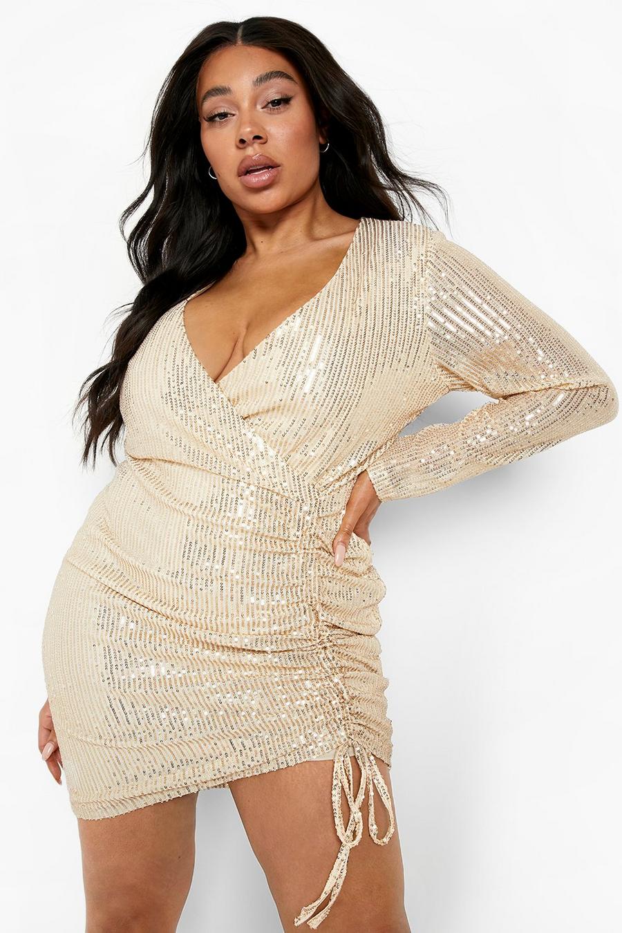 Gold Plus Sequin Ruched Wrap Bodycon Dress image number 1