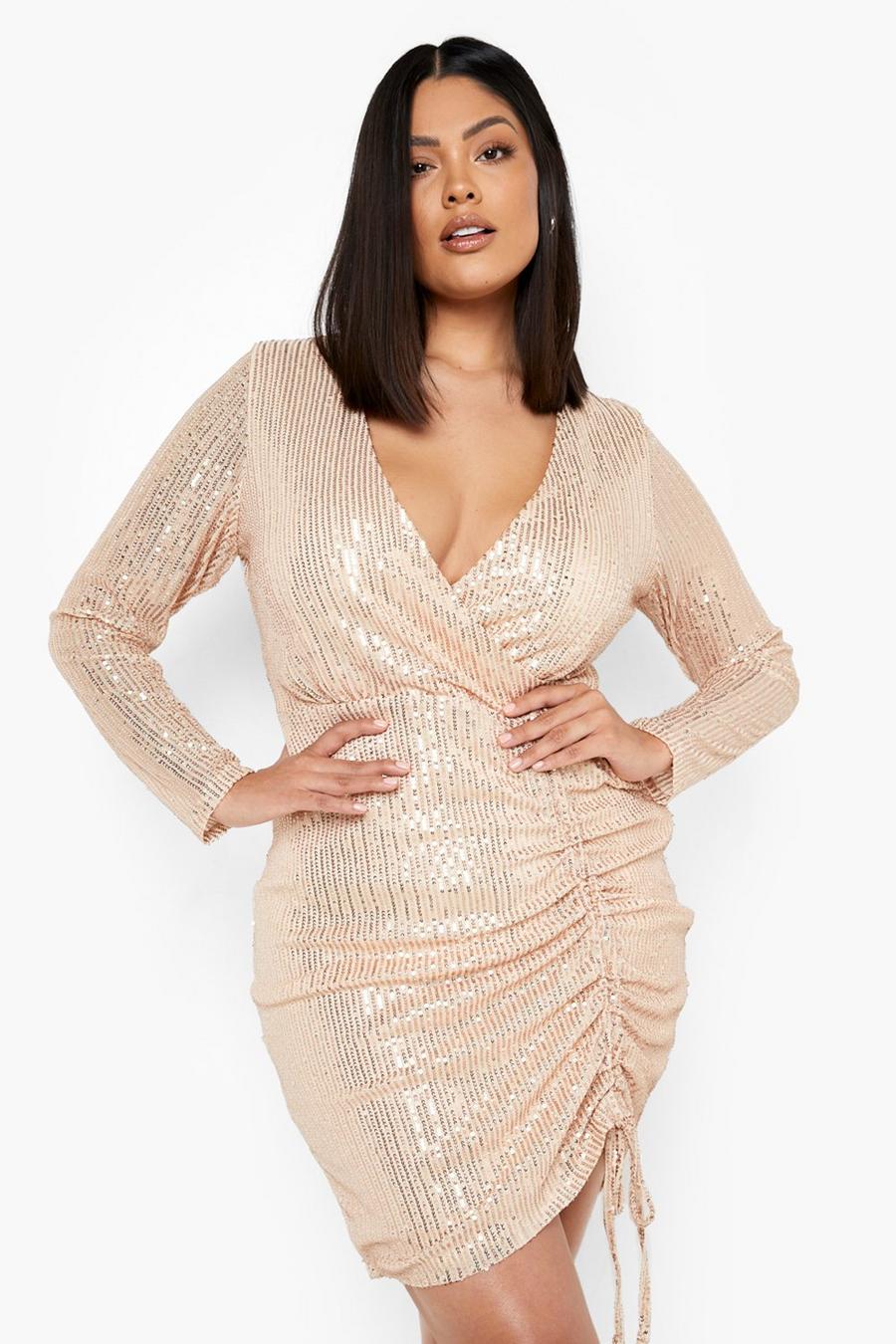 Rose gold Plus Sequin Ruched Wrap Bodycon Dress image number 1