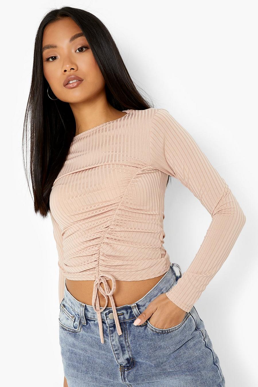 Sand Petite Jumbo Rib Ruched Side Long Sleeve Top image number 1