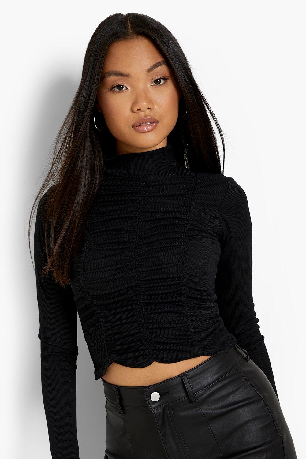 Petite Ruched Front Long Sleeve High Neck Top boohoo IL