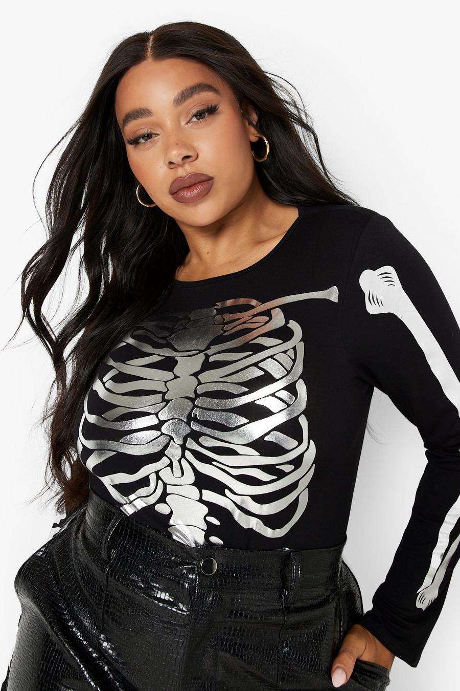 Black Plus Halloween Metallic Skeleton Bodysuit image number 1