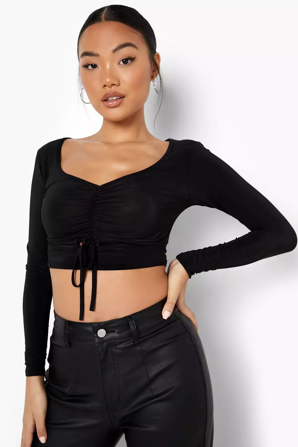 Petite Slinky Ruched Tie Front Crop Top