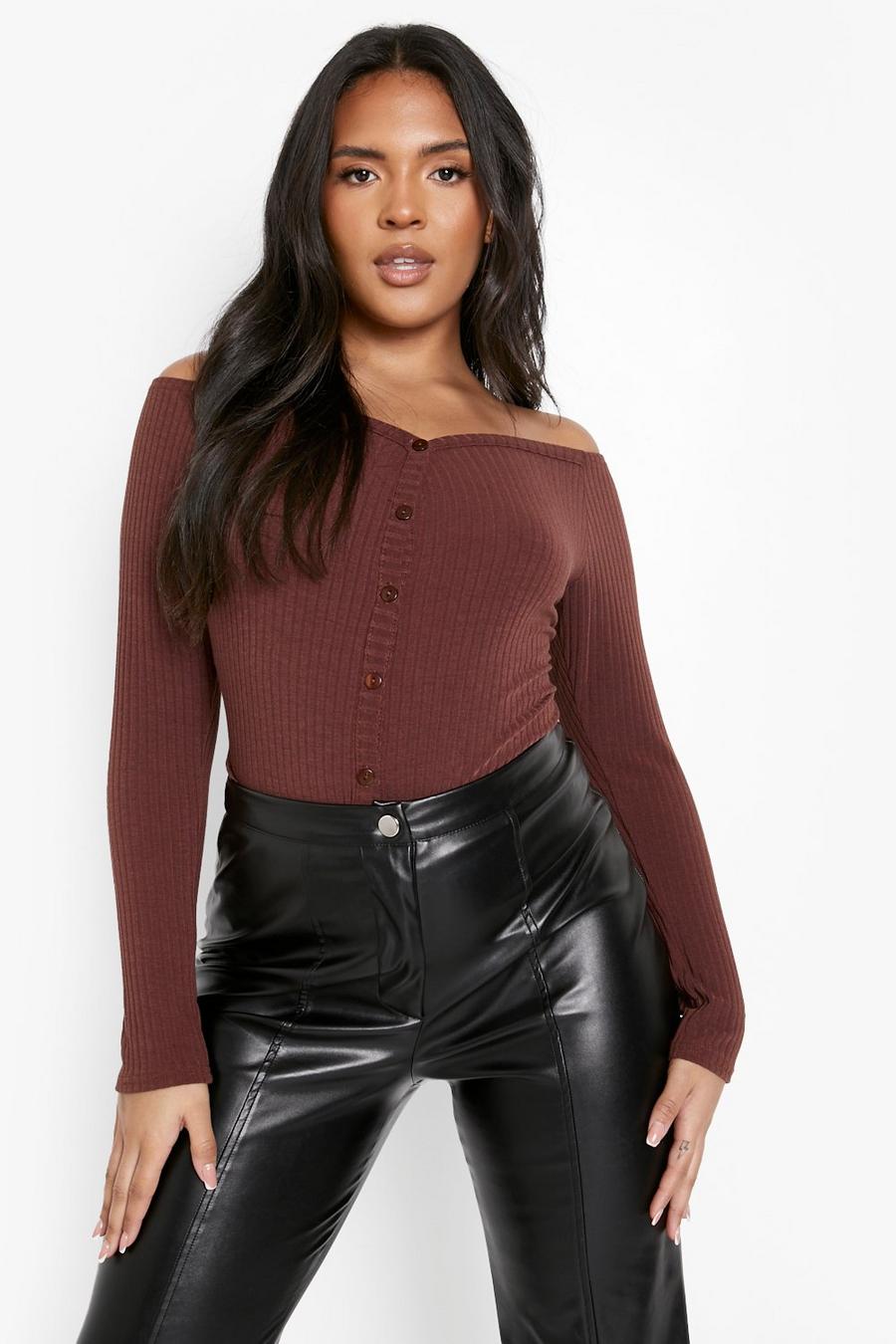 Chocolate Plus Rib Button Up Off The Shoulder Bodysuit image number 1