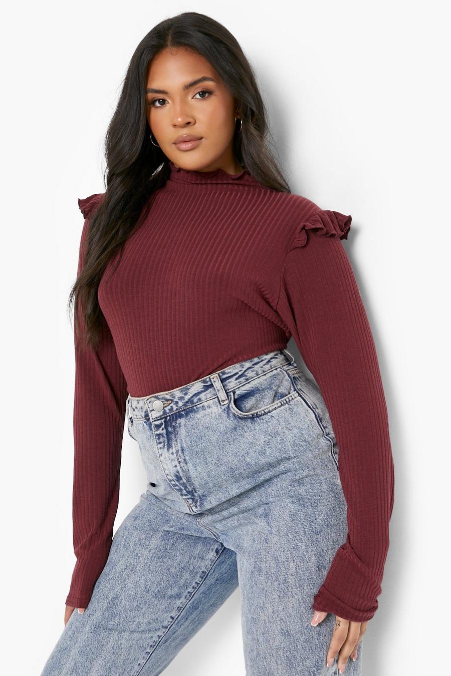 Wine Plus Rib Ruffle Shoulder Roll Neck Top image number 1