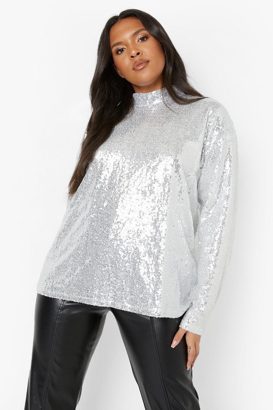 Silver Plus Sequin Long Sleeve Top image number 1