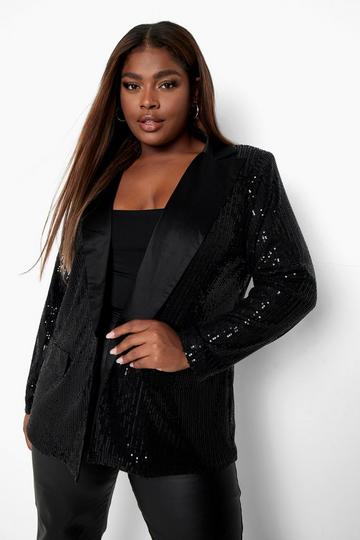 Black Plus Contrast Lapel Sequin Blazer