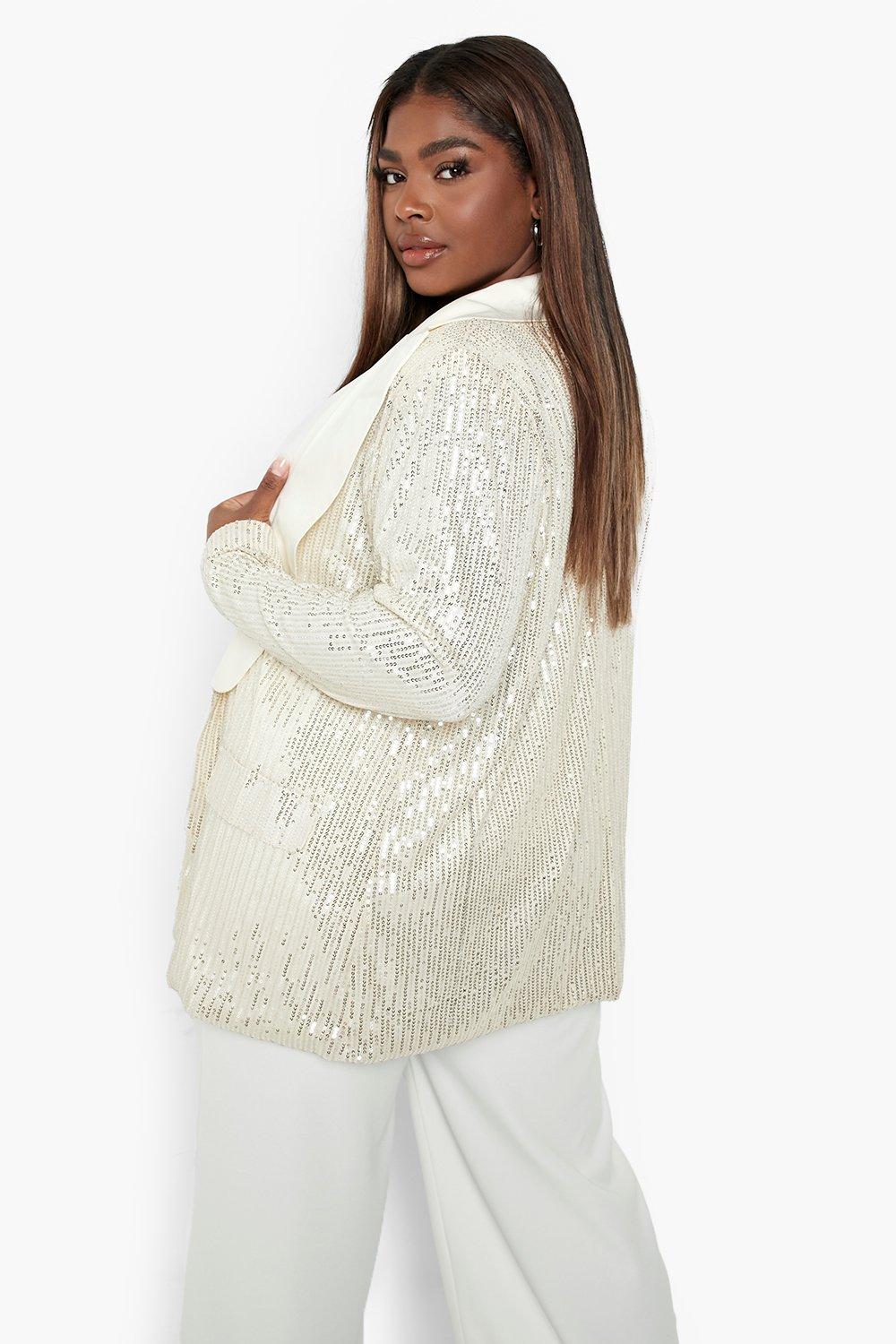 VERWIN Plus Size Jacket Sequin Three-Quarter Sleeve Color Block