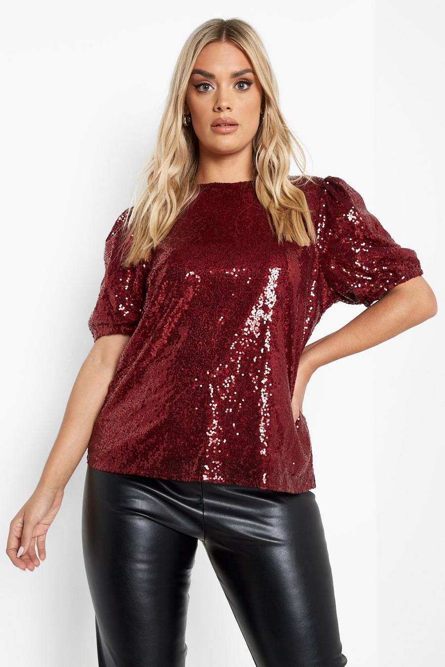 Wine red Plus Sequin Puff Sleeve Top image number 1