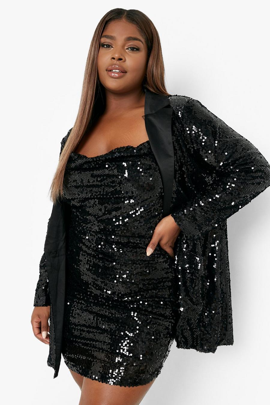 Final Sale Plus Size Sequin Coat Dress / Blazer with Rhinestone Buttons &  Fringe Bottom in Black - ShopperBoard