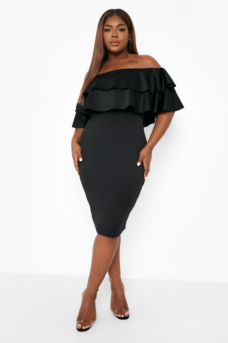Black Plus Off Shoulder Ruffle Midi Dress image number 1