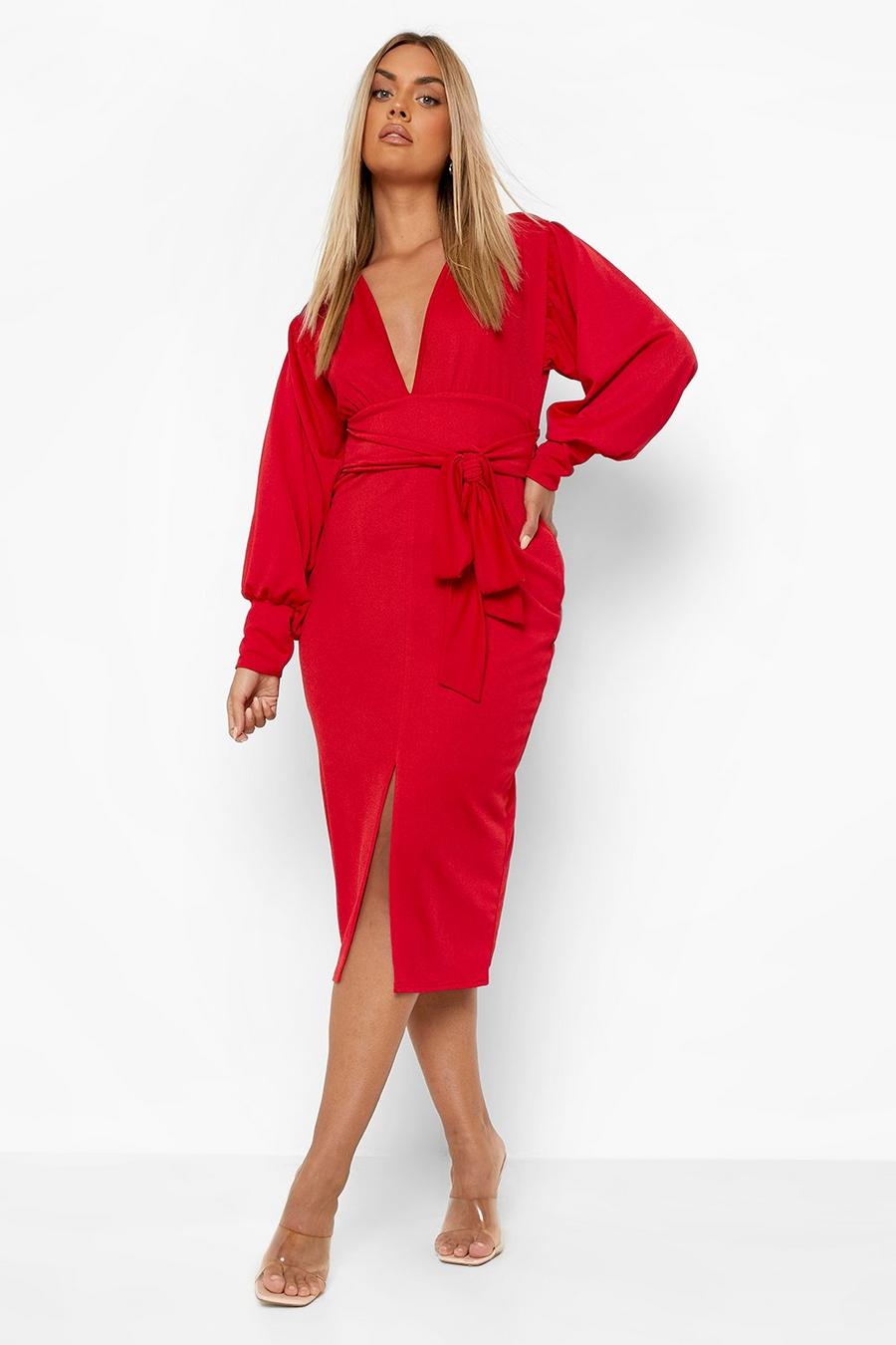 Red Plus Midiklänning med låg urringning och knytskärp image number 1
