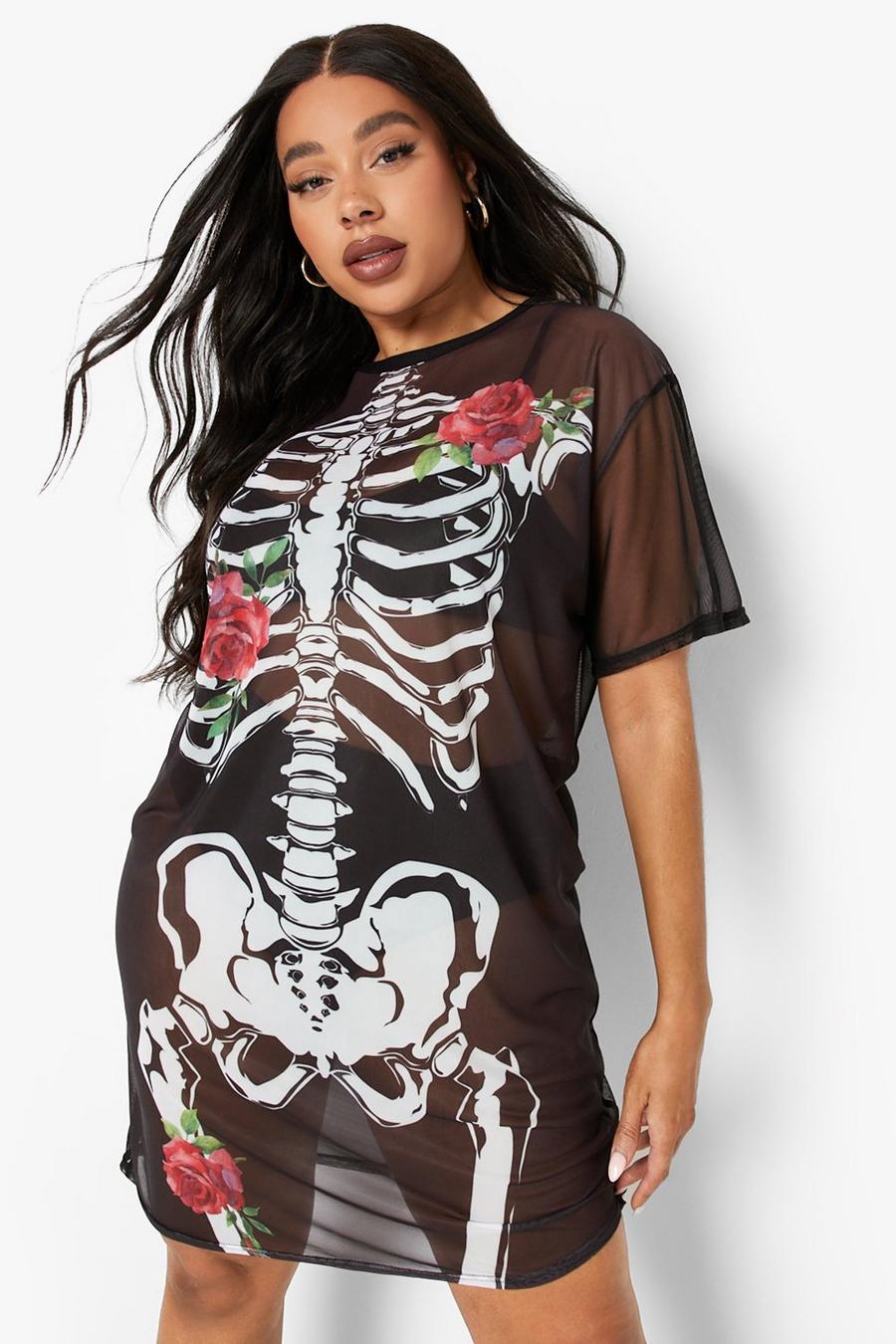 Plus Halloween T-Shirt-Kleid mit Skelett-Rose, Black image number 1