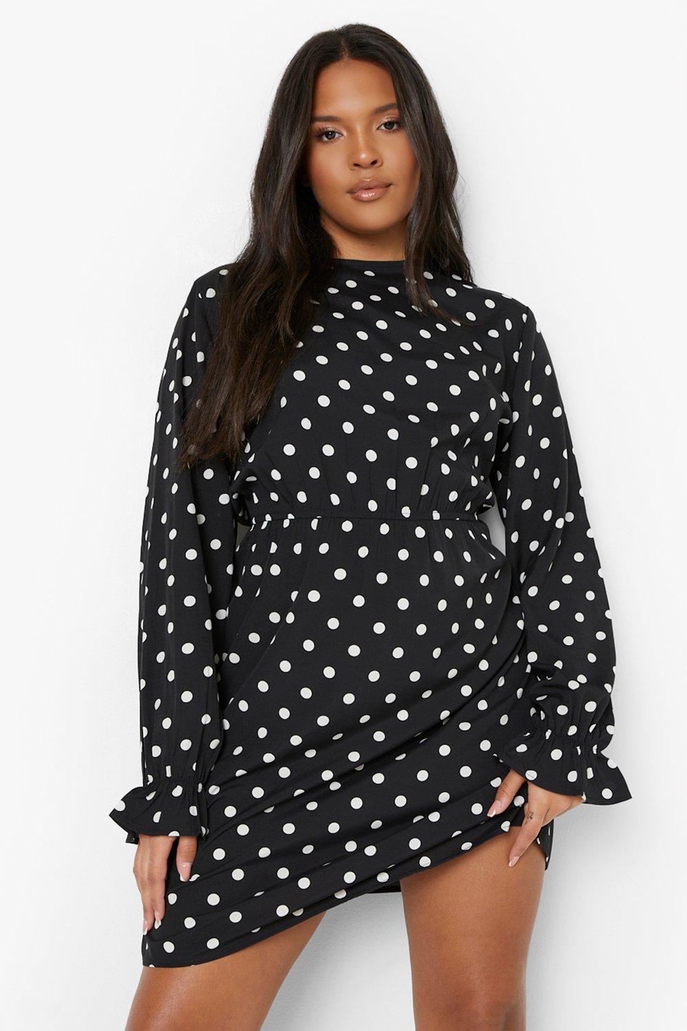 Plus Polka Dot Frill Cuff Smock Dress boohoo FI