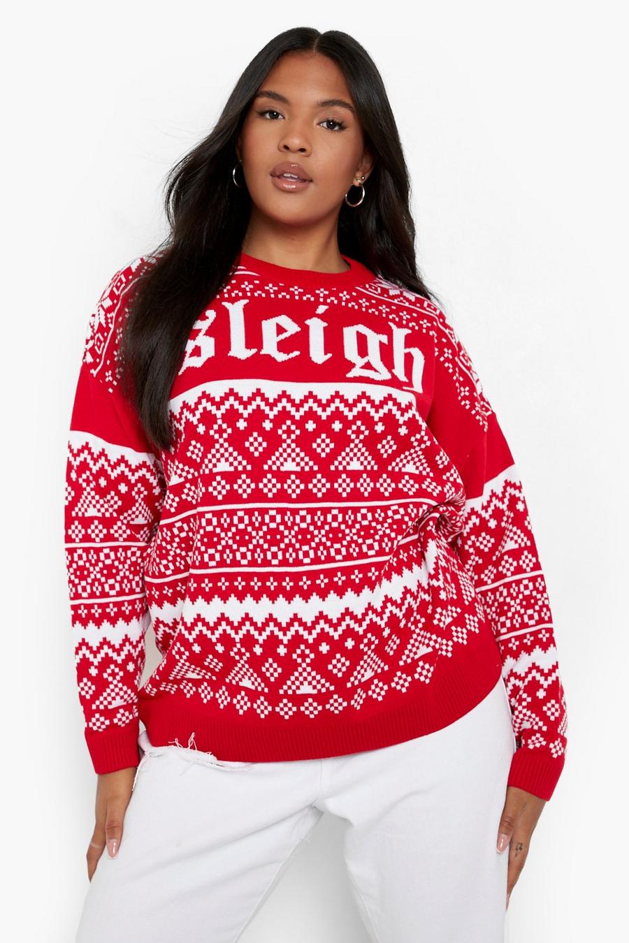 Red Plus Sleigh Slogan Christmas Sweater image number 1