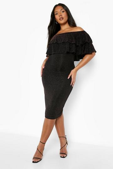 Black Plus Metallic Off Shoulder Ruffle Midi Dress