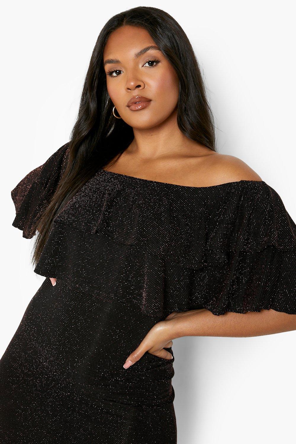 Women s Plus Metallic Off Shoulder Ruffle Midi Dress Boohoo UK