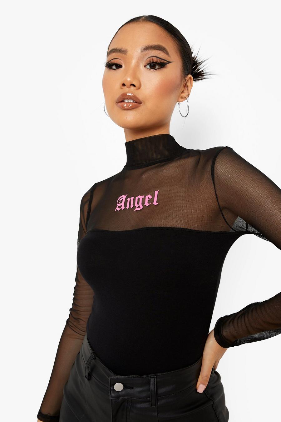 Black Petite Halloween Angel High Neck Mesh Bodysuit image number 1