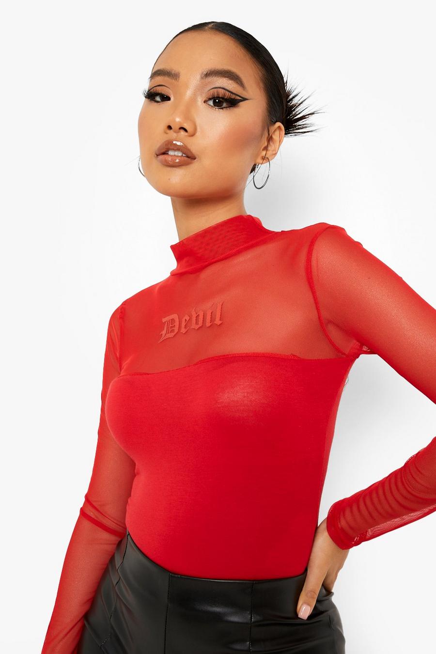 Red Petite Mesh Duivel Bodysuit Met Hoge Hals image number 1