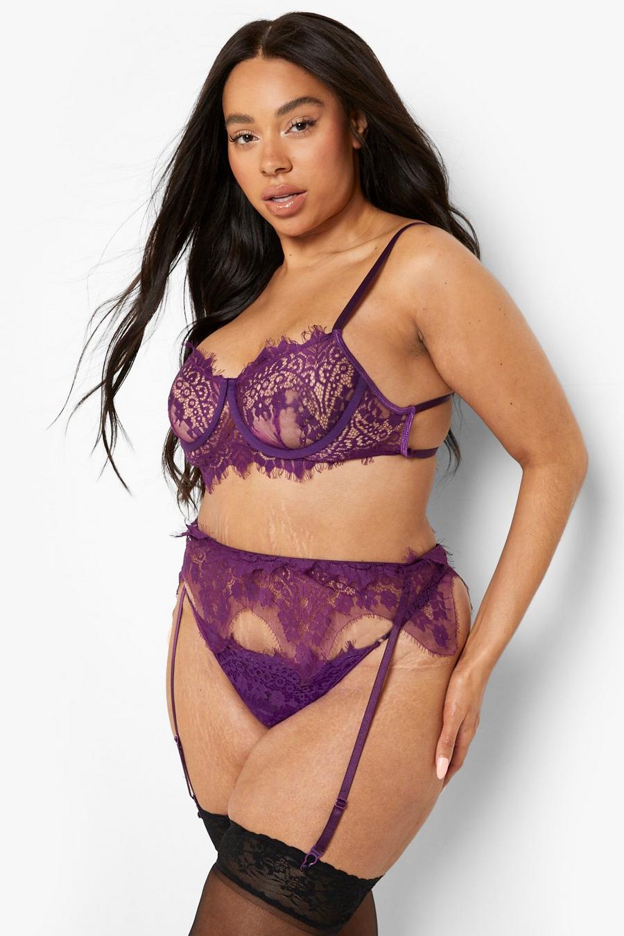 Grande taille - Ensemble de lingerie à dentelle frangée, Purple image number 1