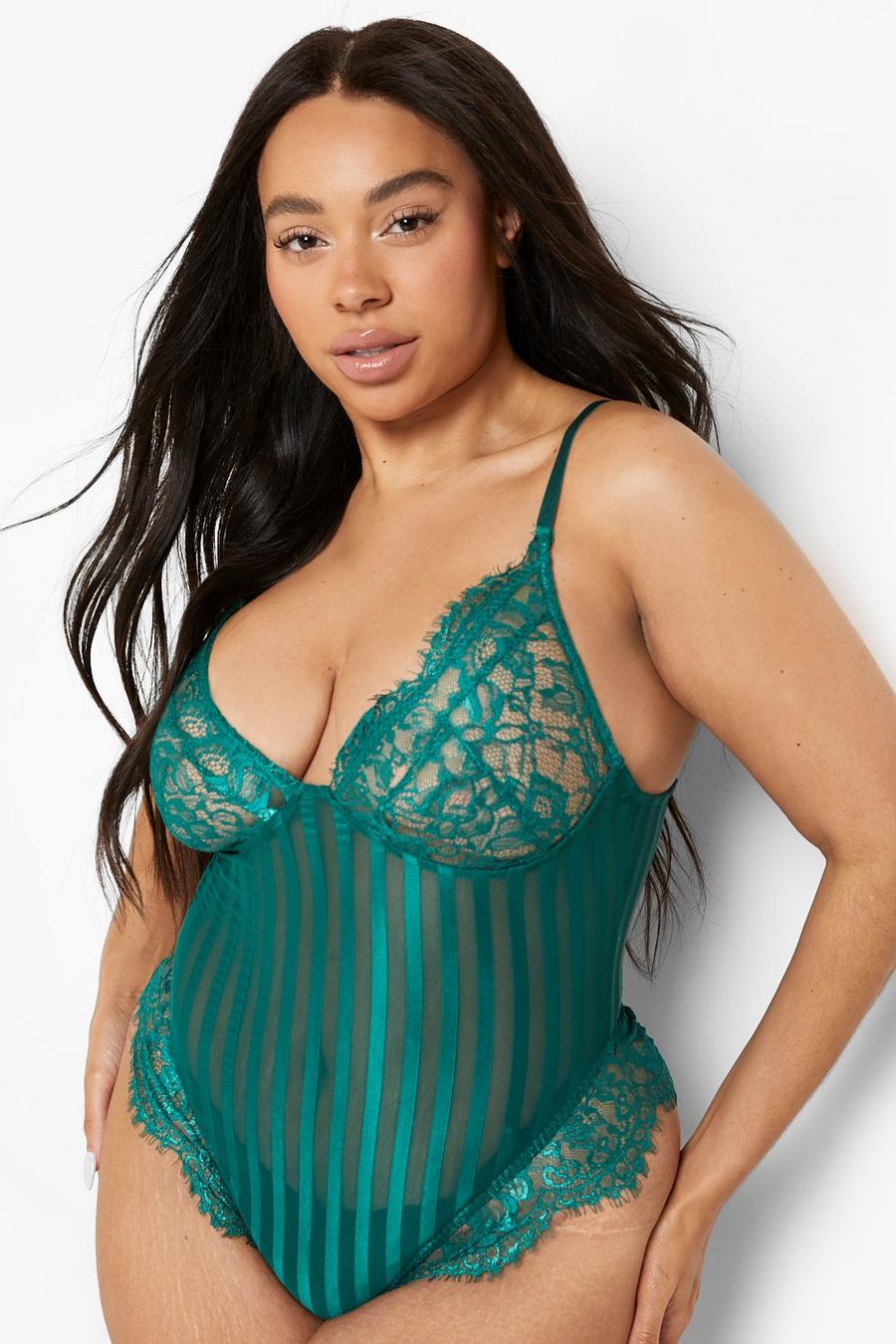 Emerald Plus Lace Stripe Bodysuit image number 1