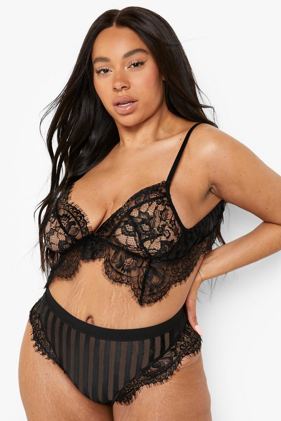 Set intimo Plus Size in pizzo righe, Black image number 1