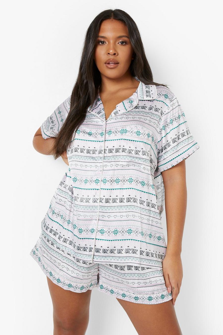 Set pigiama corto Plus Size in raso con scritta Baby Girl e motivi Fair Isle, White image number 1