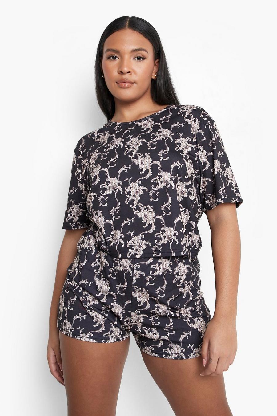 Black Plus Kettingprint Pyjama Set Met Shorts image number 1