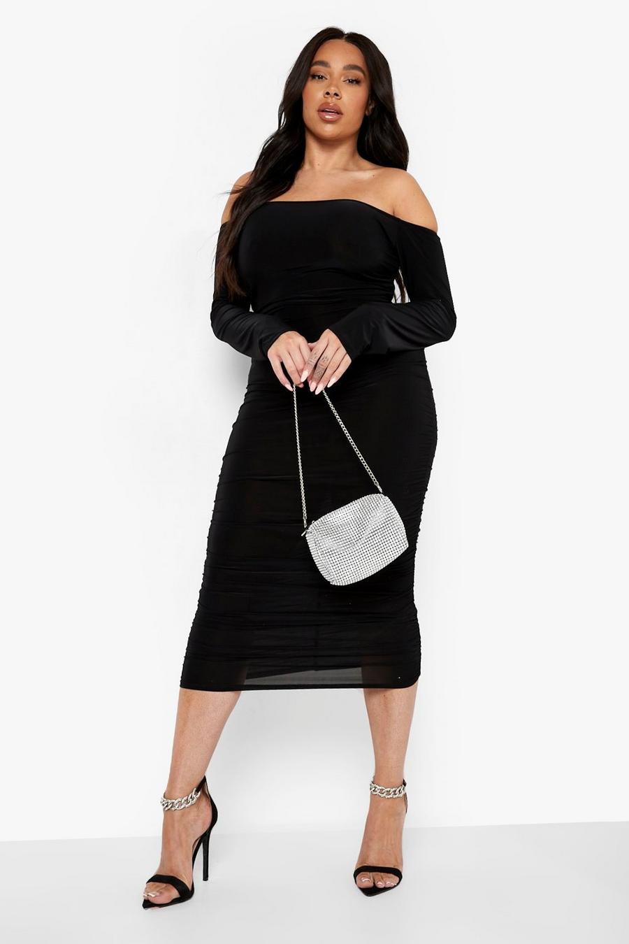 Black Plus Slinky Ruched Bardot Midi Dress image number 1