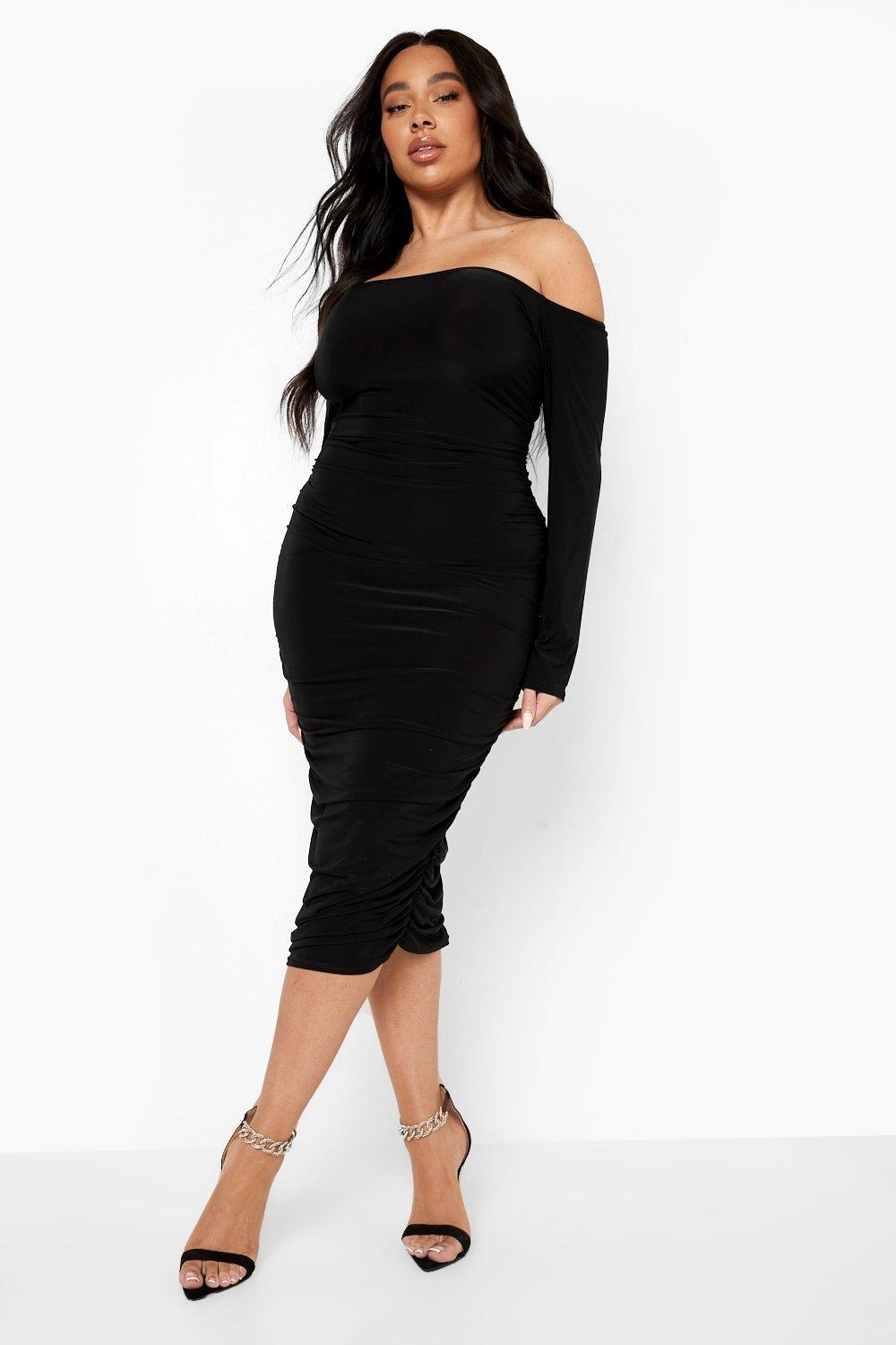 Women's Plus Slinky Ruched Bardot Midi Dress