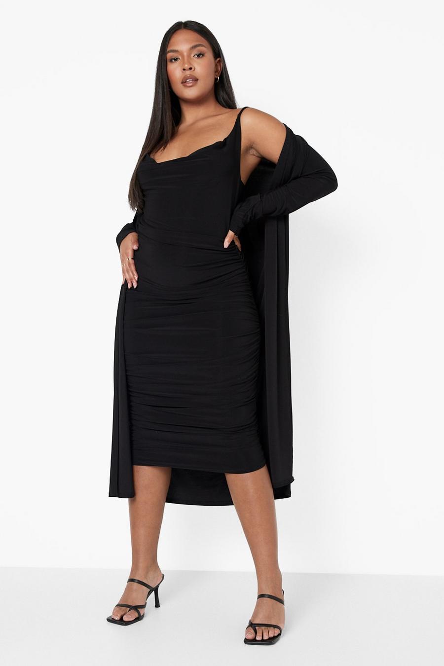 Black Plus Strappy Cowl Neck Dress & Duster Co-Ord