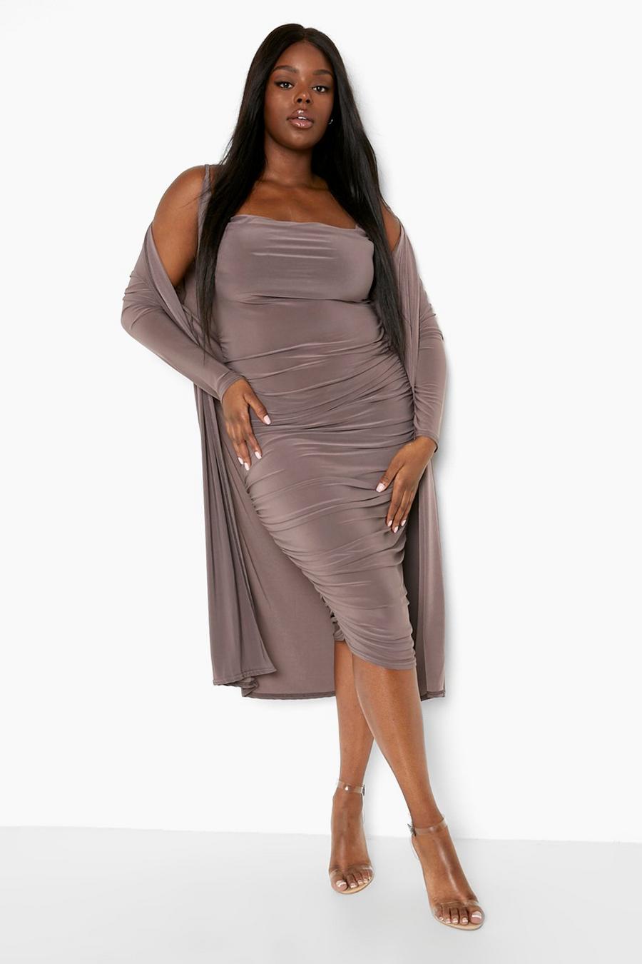 Mocha Plus Strappy Cowl Neck Dress & Duster Co-Ord image number 1