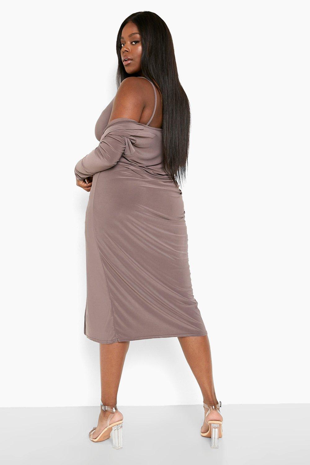 Plus Strappy Cowl Neck Dress Duster Two Piece boohoo