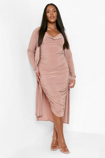 Plus Strappy Cowl Neck Dress & Duster Two-Piece rose