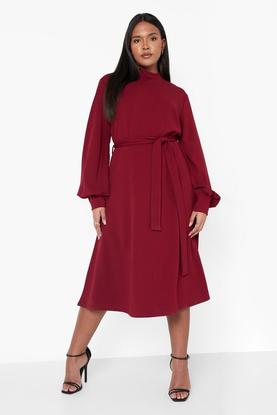 Berry Plus High Neck Blouson Sleeve Midi Dress image number 1