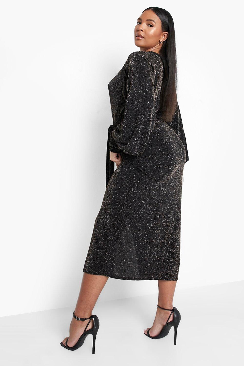 Plus Metallic Plunge Tie Waist Midi Dress